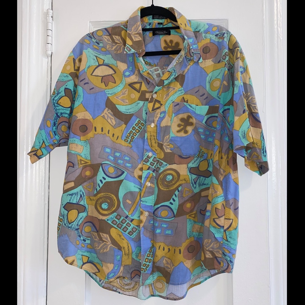 Vintage Christian Dior Short-sleeve Button Down Colorful Pattern